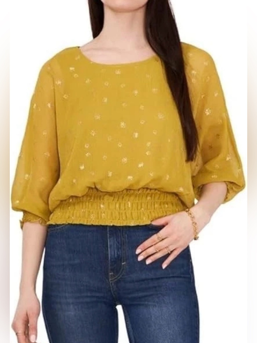 NWTs Vince Camuto Women's Ballet Neckline 3/4 Sleeve foil dot Smocked Top XS